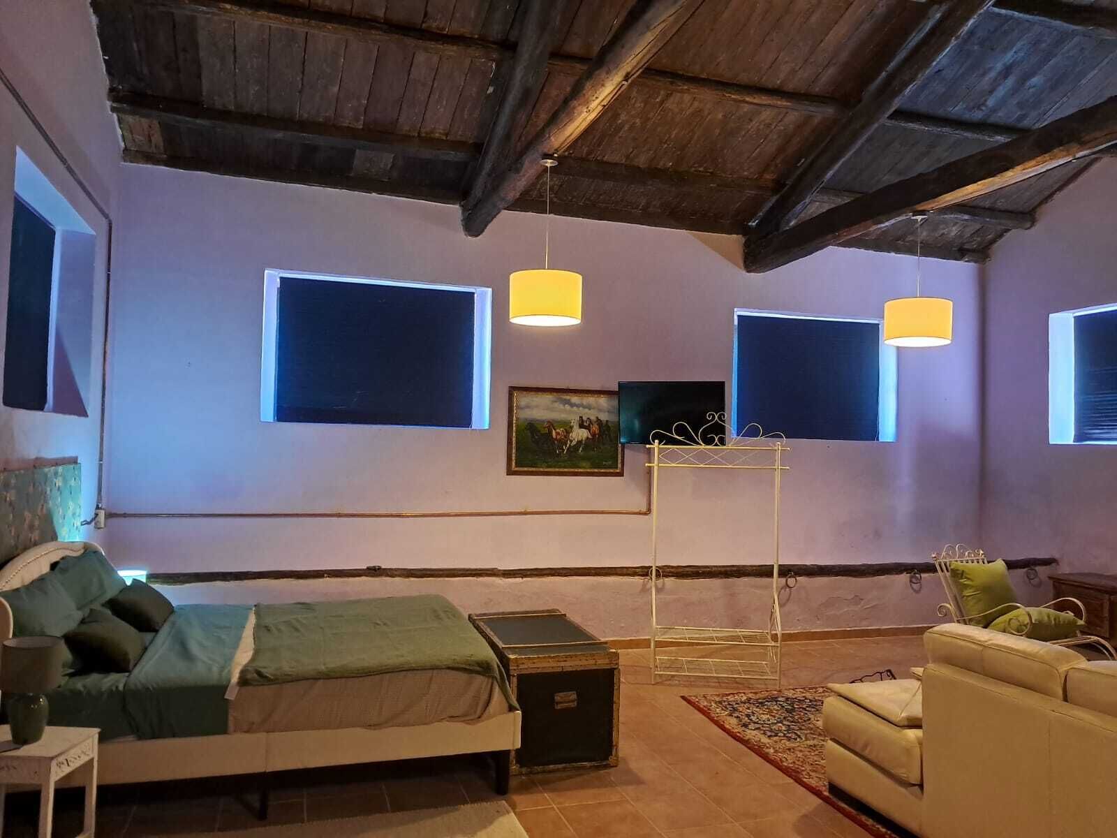 Ett sovrum med en säng, ett litet bord, en soffa och en hängande lampa.