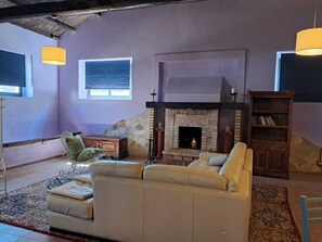 A living room with a fireplace, a sofa, a bookshelf, and two hanging lamps. - The Open Space Barn (Calabria)
