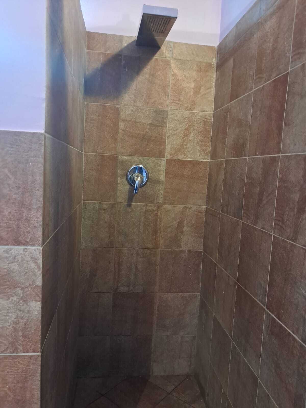 Une zone de douche carrelée avec un pommeau de douche amovible.