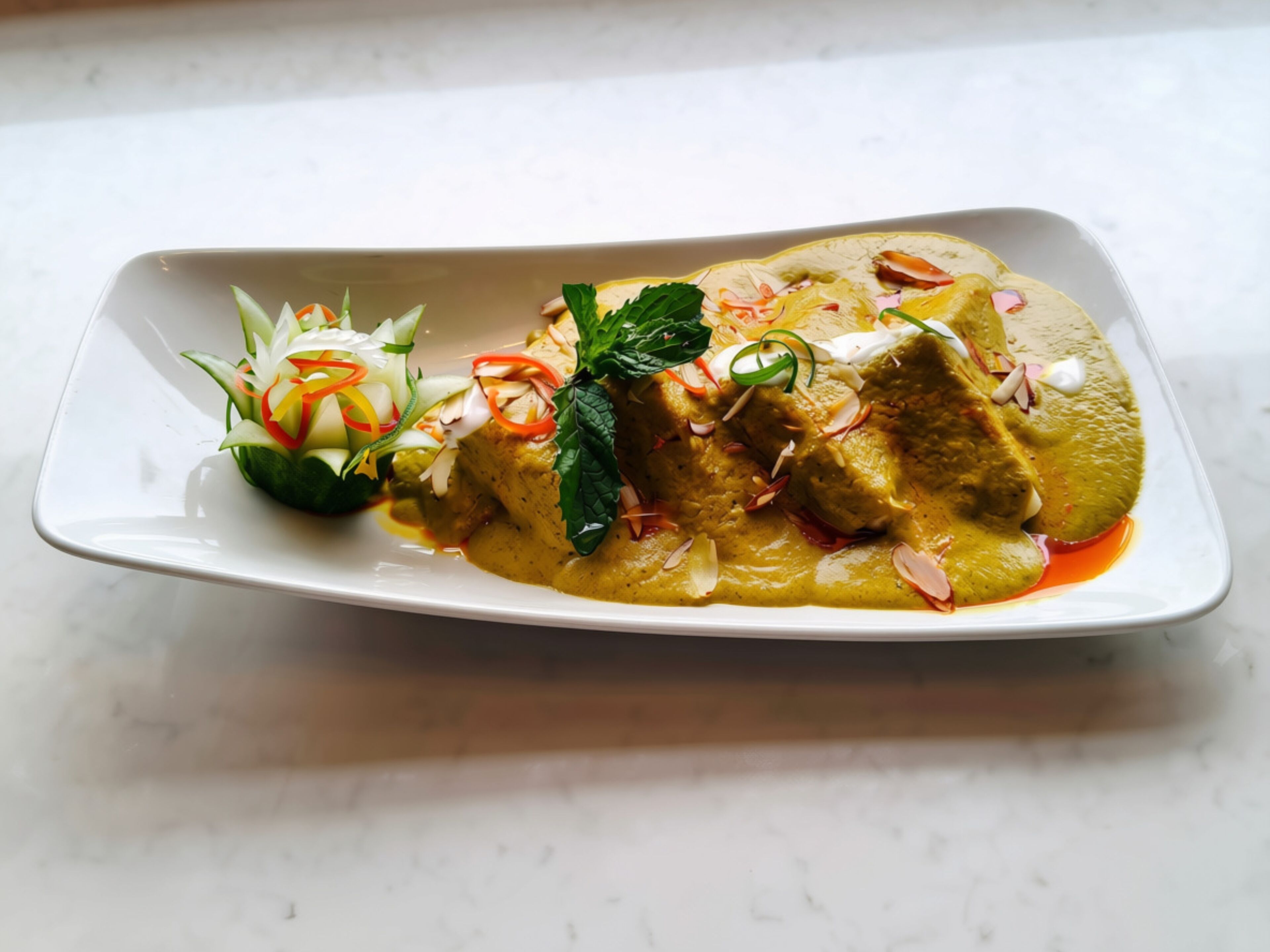 Une assiette rectangulaire blanche contenant un plat de curry, garni d’herbes et de légumes coupés en tranches.