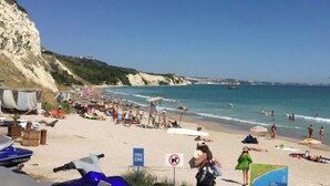 Uma praia com um aviso de 'FREE ZONE', guarda-sóis e pessoas tomando sol.