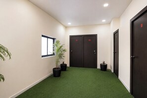 Un couloir avec un tapis vert synthétique, deux portes sombres portant des numéros, une fenêtre et des plantes en pot.