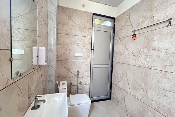 A bathroom with a sink, toilet, and shower. - FabHotel Prime Shri Shyam Ananda Palace - Nr Toran Dwar (Danta Ramgarh)
