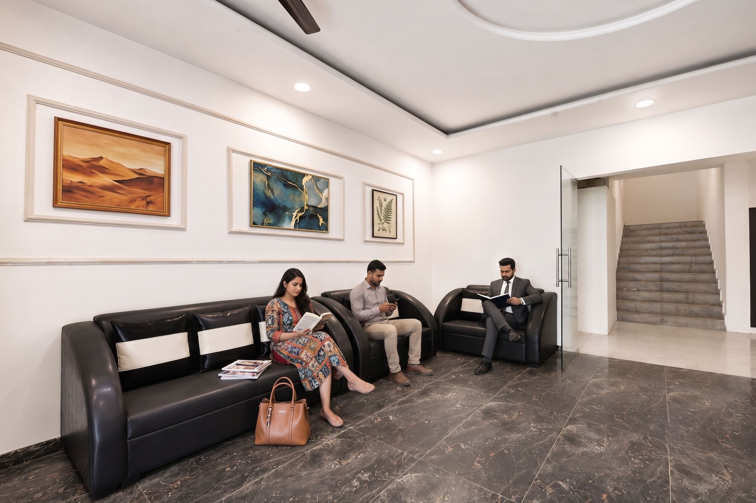 Un área de recepción con un sofá de cuero negro, una escalera y obras de arte enmarcadas en las paredes.