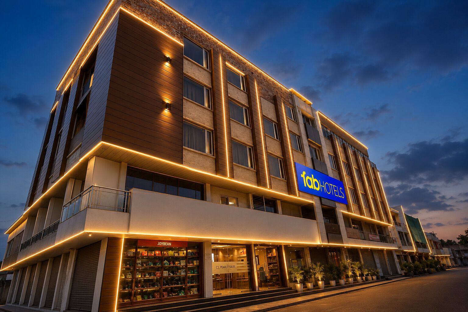 A multi-story hotel with a prominent 'fab hotels' sign, a visible storefront with a 'JOYBEAN' sign, and a modern architectural design with illuminated lines.