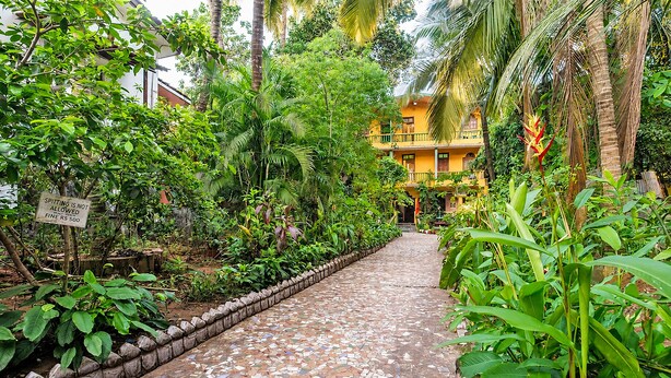 Un sentier bordé de plantes tropicales mène à un bâtiment jaune doté d’un balcon.