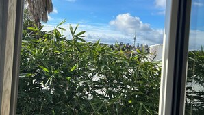 A balcony with a view of a palm tree and a building with a tower. - Brilliantly located, warm & stylish family home with garden and tonnes of space (Auckland)