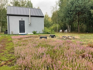 A modern building with a flat roof, a black door, and a chimney.