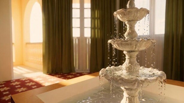 Una fuente de piedra escalonada en una habitación con alfombra roja y vistas a un balcón con cortinas.