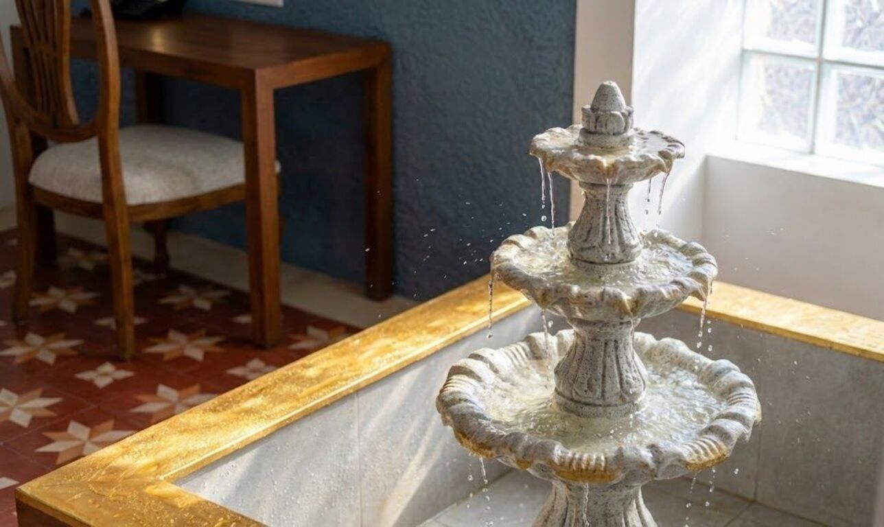 Ein mehrstufiger Steinfountain, von dem Wasser aus der obersten Stufe fließt, auf einer Marmorplatte platziert.
