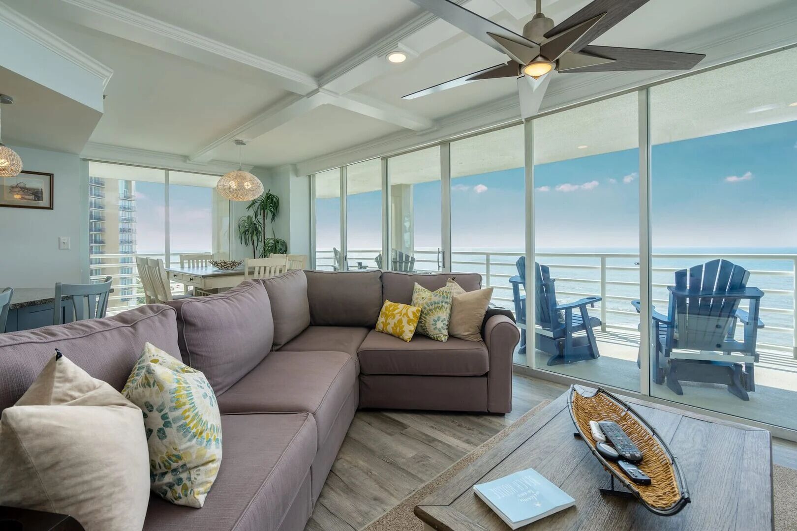 Amazing views from Living room area with fireplace, large TV and balcony access