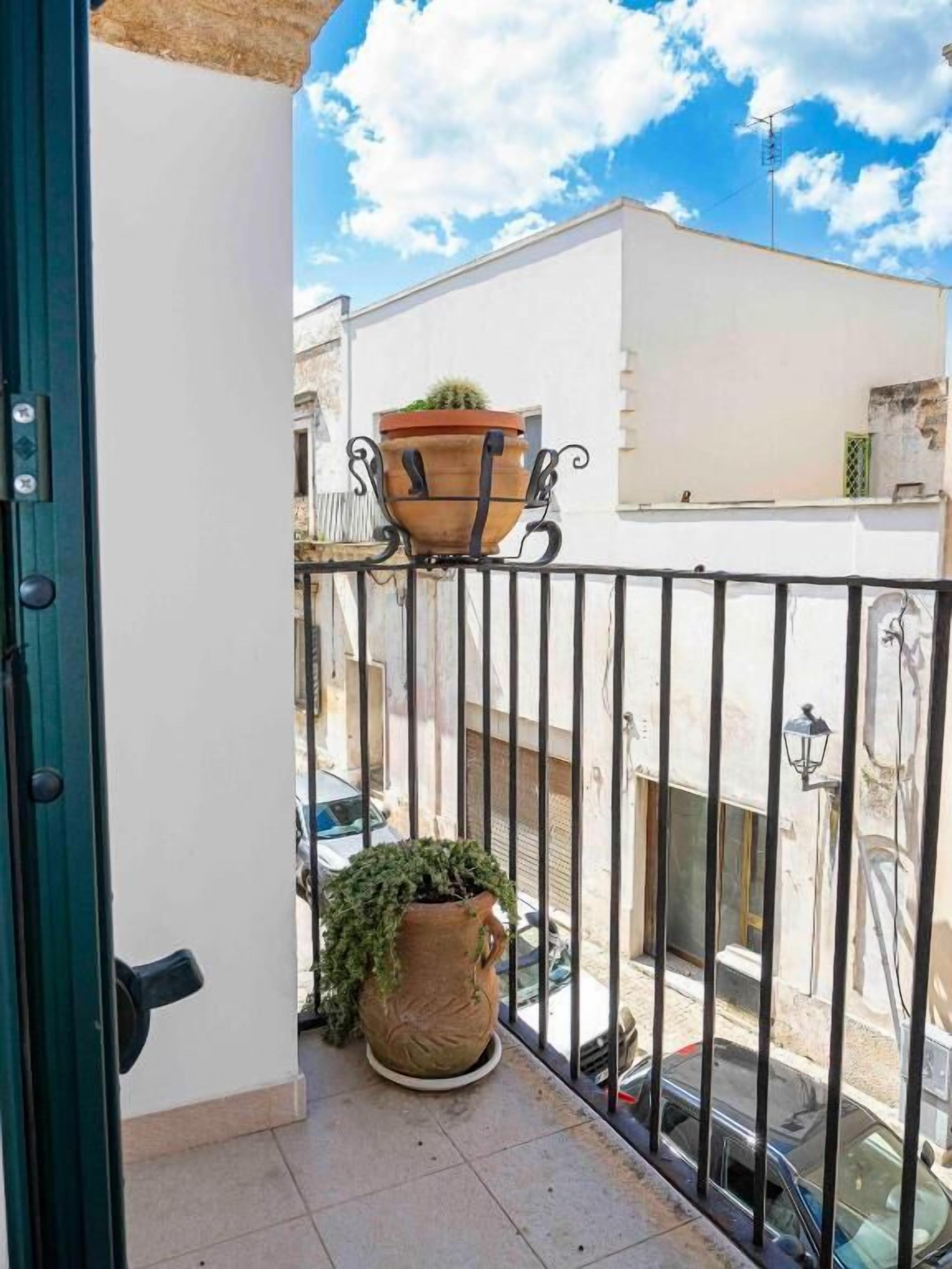 Un balcone con una pianta in vaso, una ringhiera in metallo e vista sulla strada.