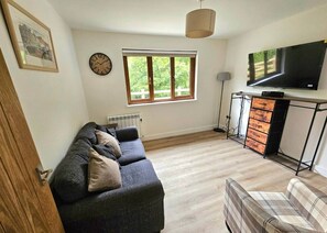 Ein Wohnzimmer mit Sofa, Fernseher, Fenster und Heizkörper.