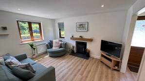 A living room with a sofa, a round chair, a fireplace, and a TV.