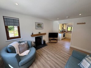 Ein Wohnzimmer mit Kamin, Fernseher und einer Küche im Hintergrund.