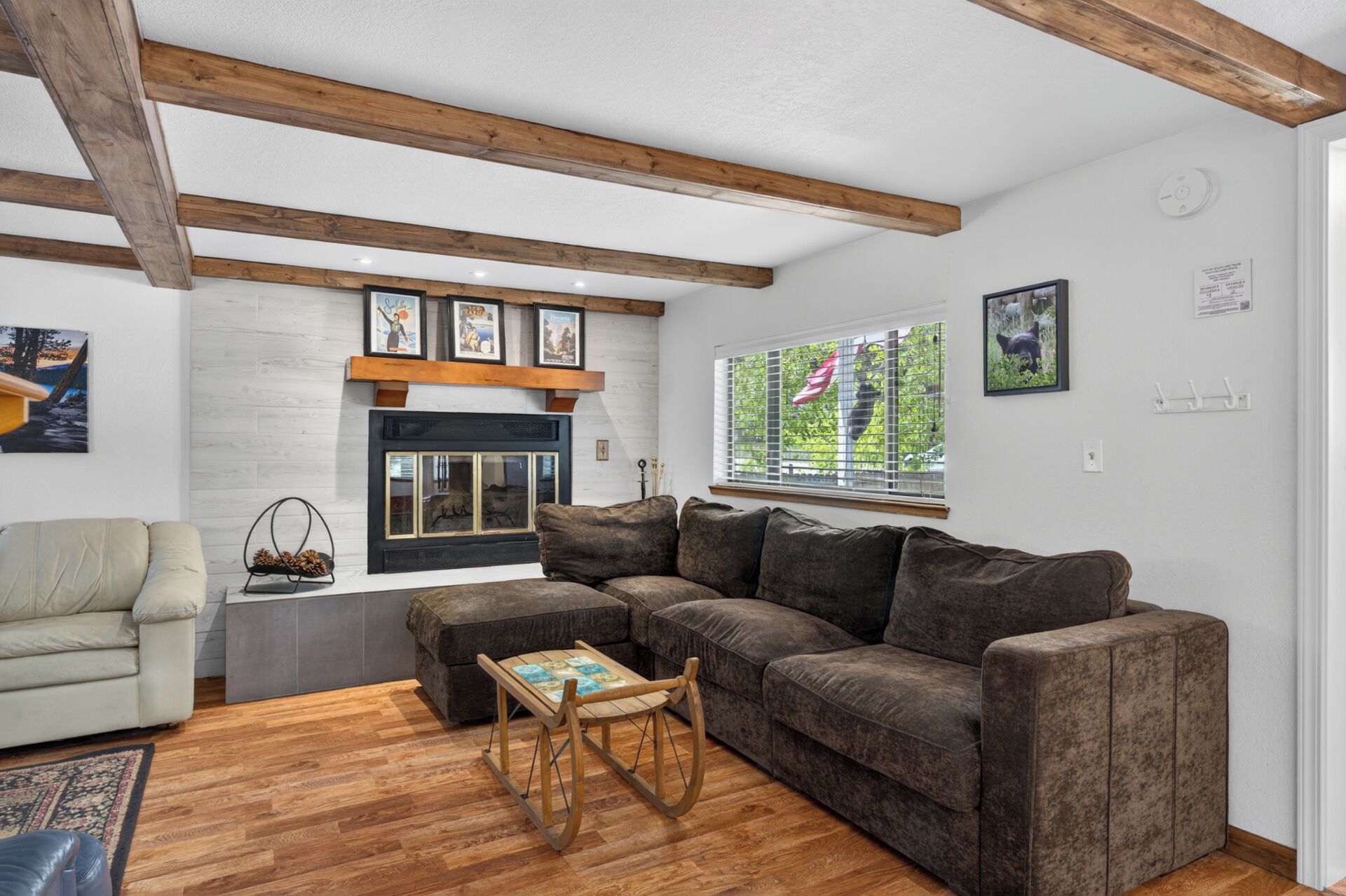 Smart TV, fireplace, books