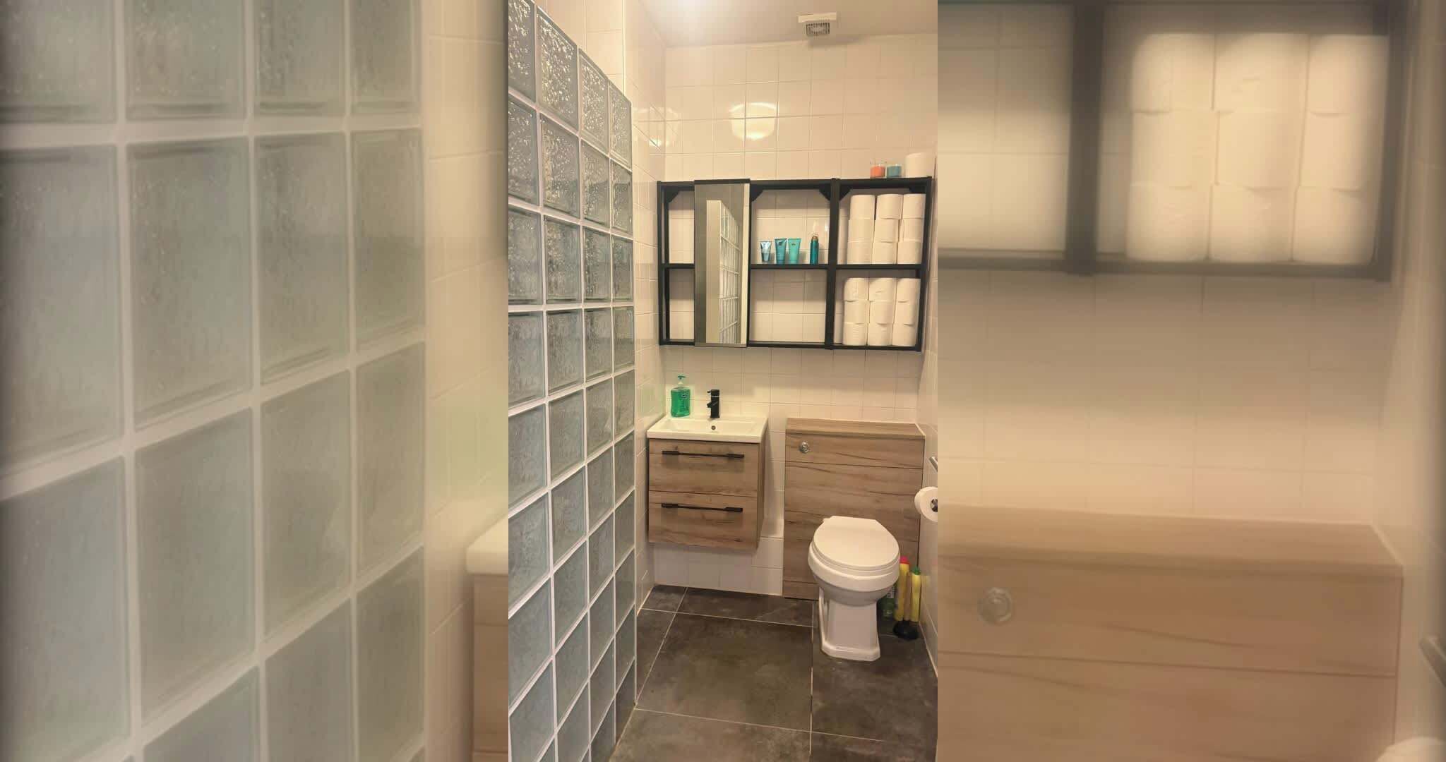 Shower, hair dryer, shampoo
