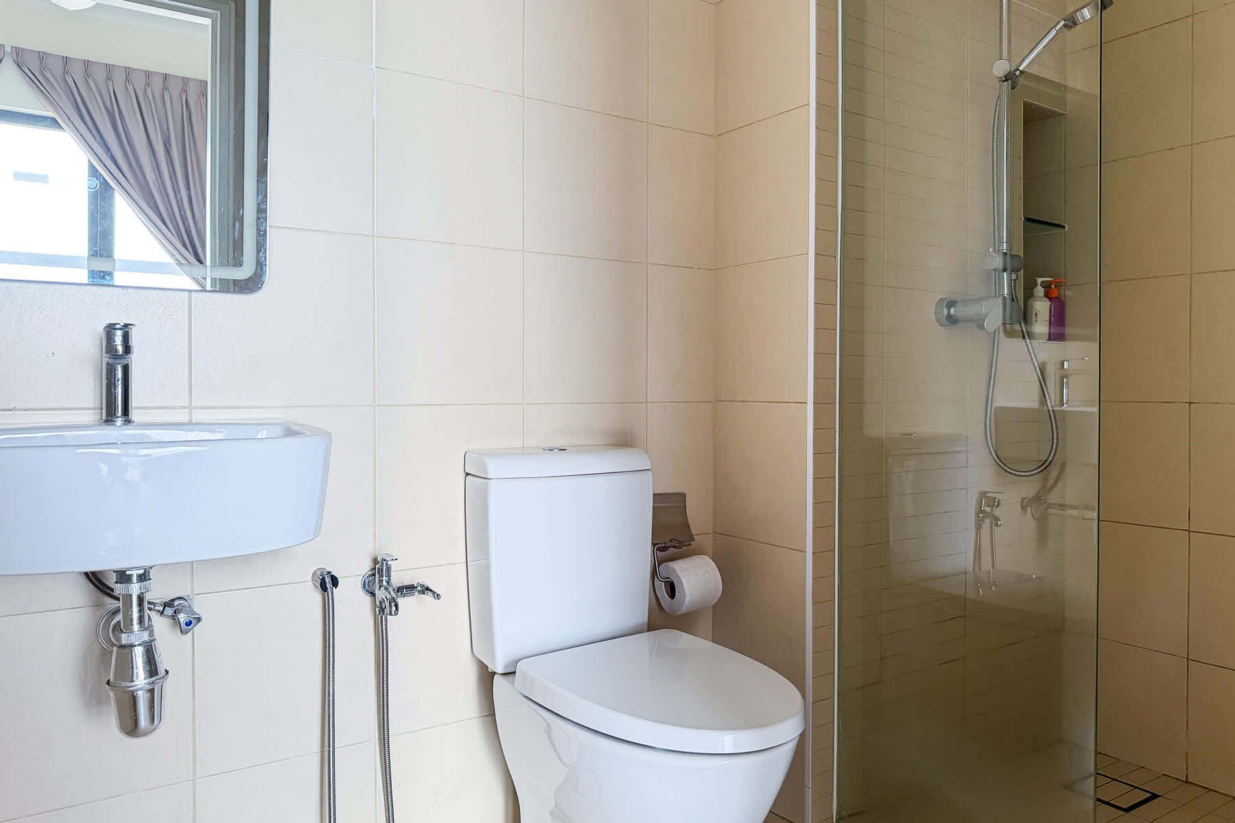 Chuveiro, secador de cabelo, toalhas de banho, shampoo