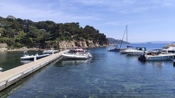 Una marina con imbarcazioni ormeggiate, acqua limpida e una costa rocciosa con alberi.