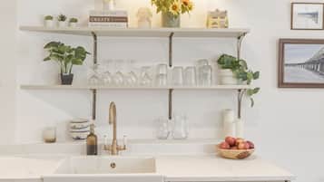 A kitchen with a white countertop, a sink, and shelves above holding glassware, plants, and decorative items.