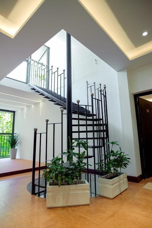 A modern staircase with a glass balustrade, surrounded by potted plants.