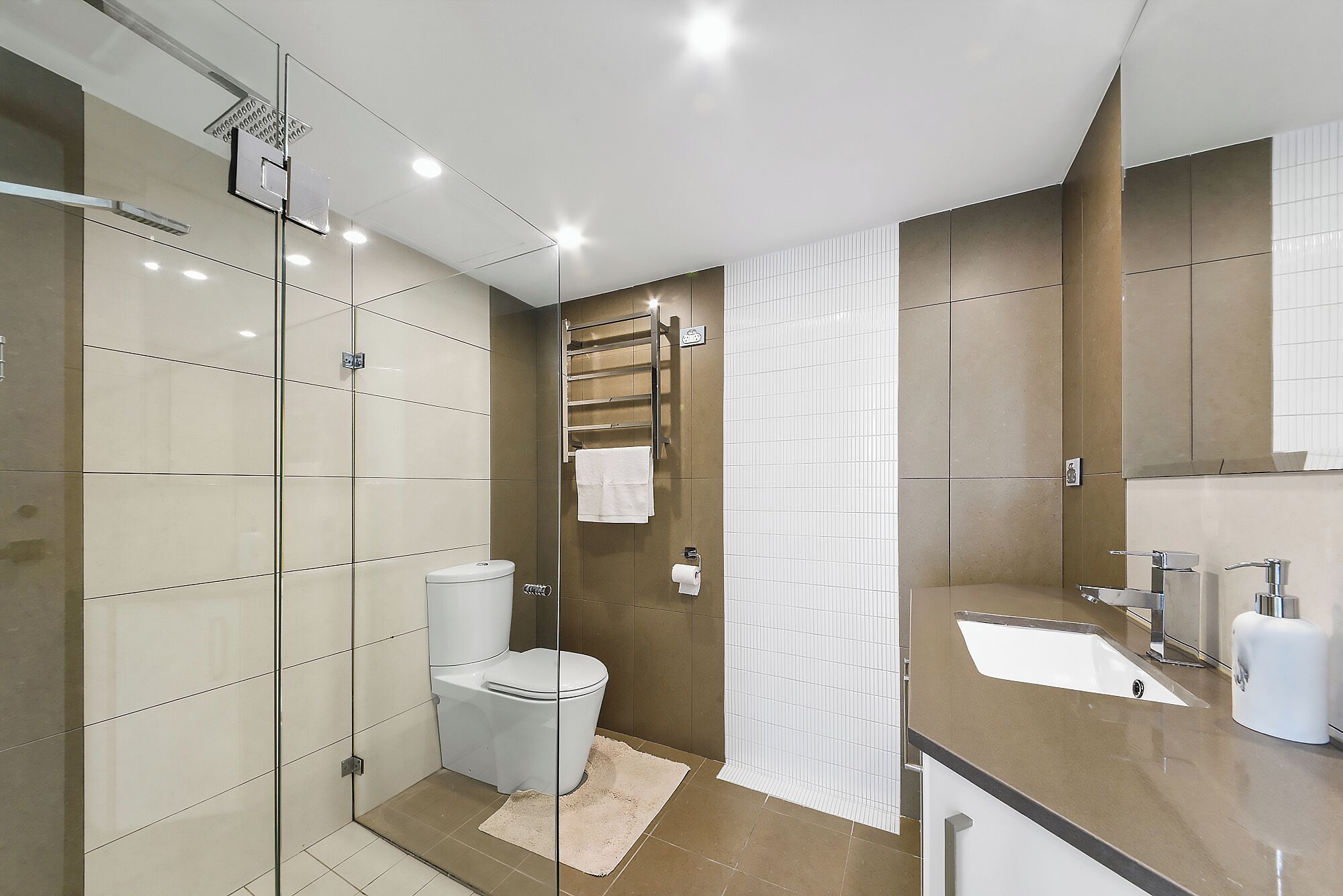 A modern bathroom with a glass shower enclosure, a toilet, a sink, and a mirror.