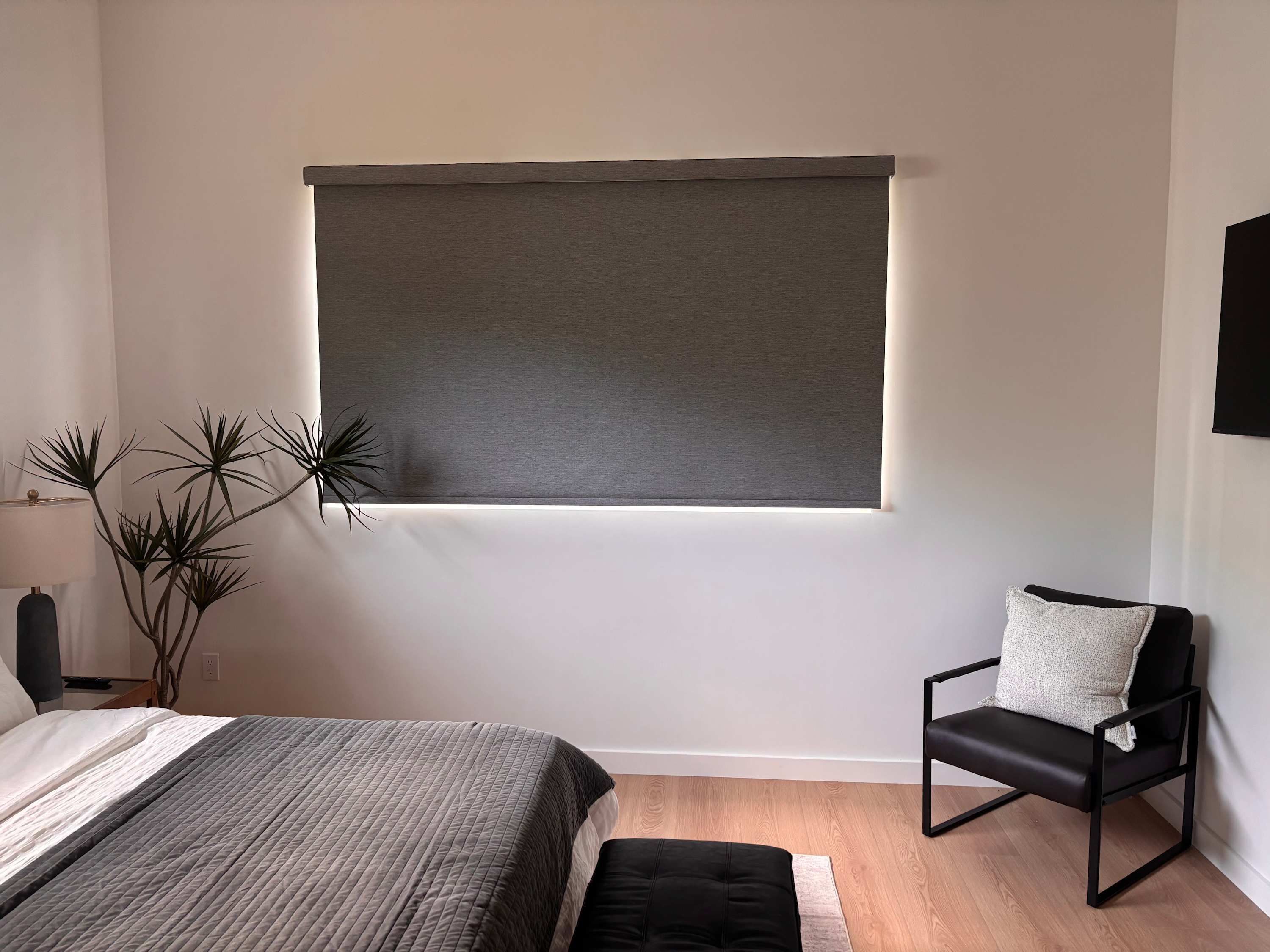 Un dormitorio con una cama, una silla, una ventana con cortina y una planta.