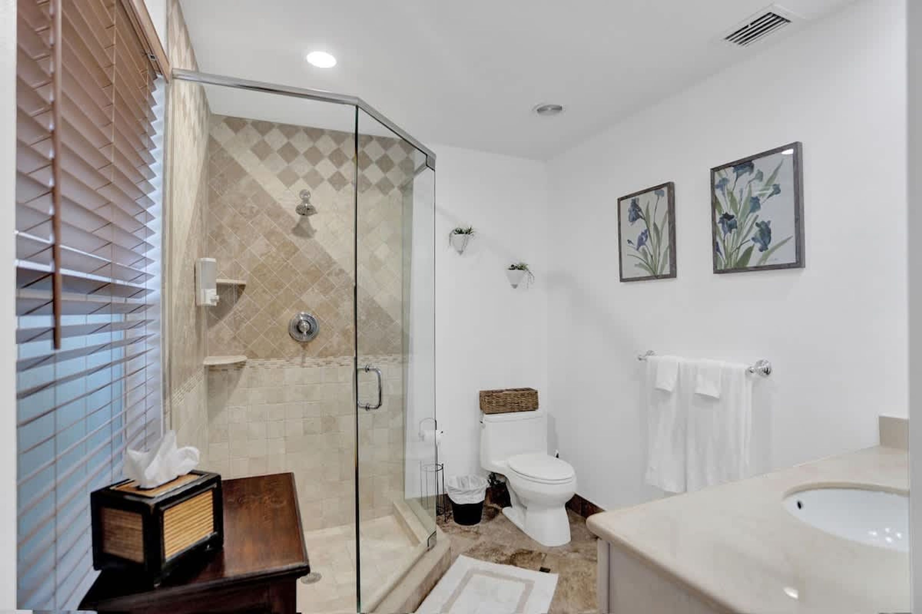 A modern bathroom with a glass-enclosed shower, a toilet, a sink, and two framed floral pictures on the wall.