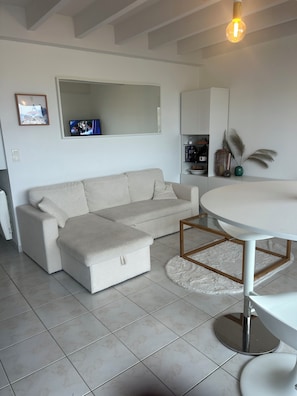 Ein modernes Wohnzimmer mit einer Couch, einem Couchtisch, einem Fernseher und einer Zierpflanze.