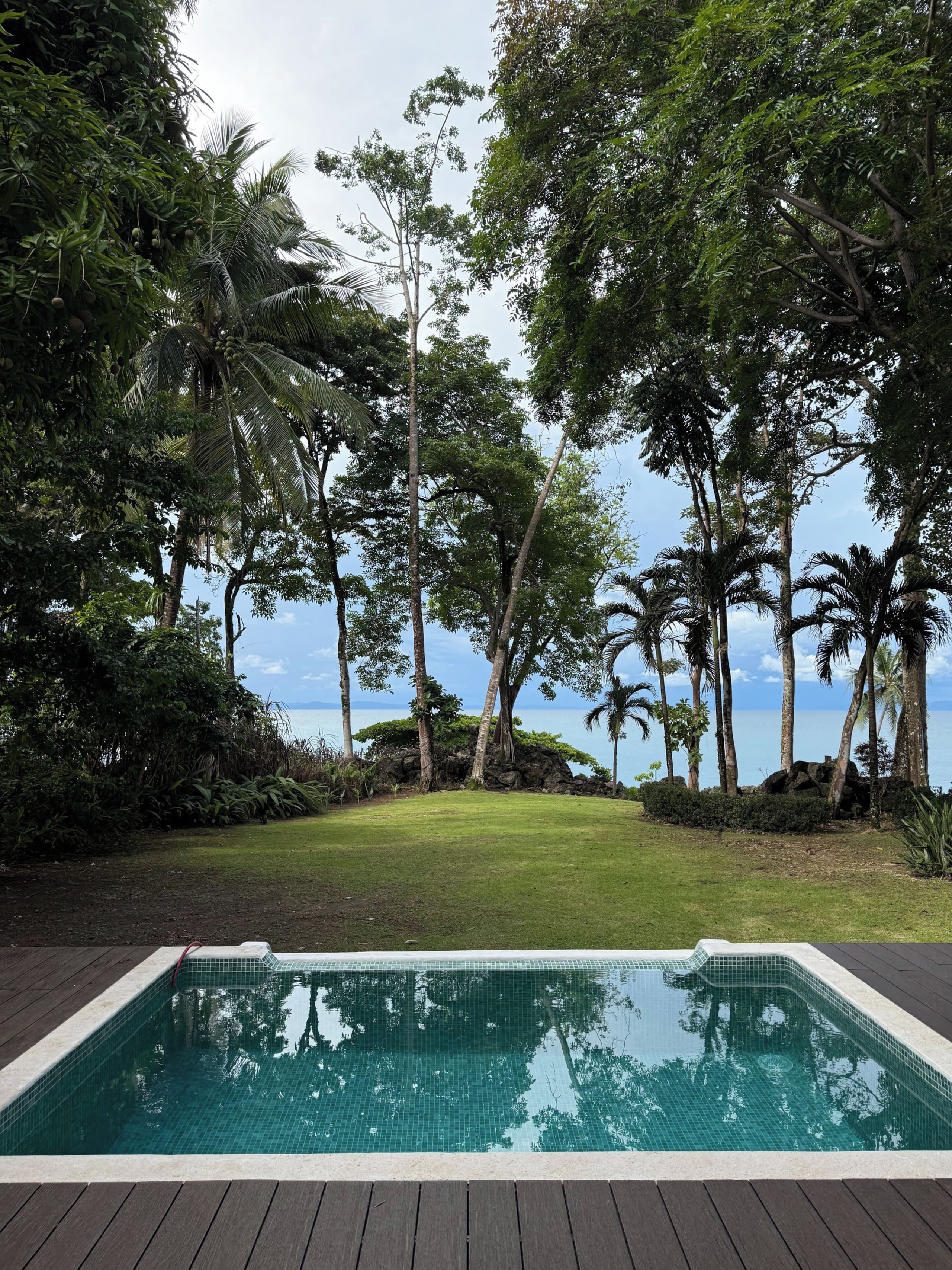 A swimming pool with a wooden deck, surrounded by lush greenery and a view of the ocean.