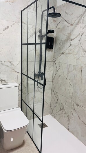 Chuveiro, secador de cabelo, toalhas de banho 