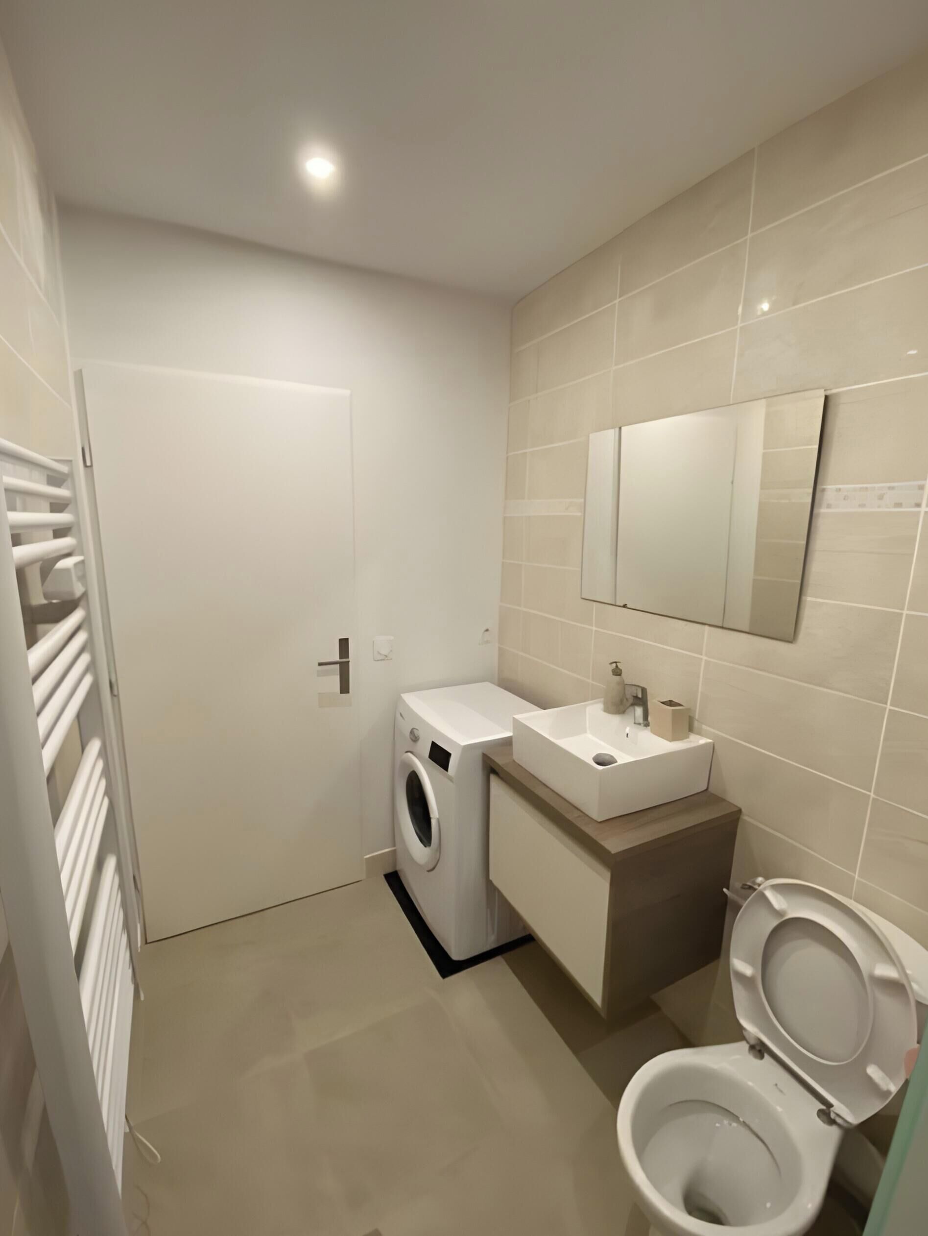 Une salle de bain moderne équipée d’un lave-linge, d’un évier et de toilettes.