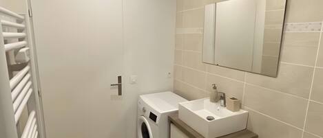 Une salle de bain moderne équipée d’un lave-linge, d’un évier et de toilettes.