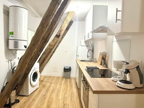 A compact kitchen with a washing machine, a coffee maker, and a sink. - Caporizon—Les Balancoires—2 bedrooms—Right in the center (Sarlat-la-Canéda)