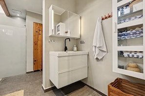 Shower, hair dryer, towels