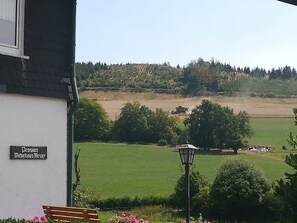 A building with a sign reading 'Pension Wiebelhaus Mesler,' a bench, a street lamp, and a view of a green field with trees and a distant tractor.