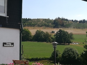 A building with a sign reading 'Pension Wiebelhaus Mesler,' a bench, a lamp post, and a view of a green field with trees and a distant tractor.