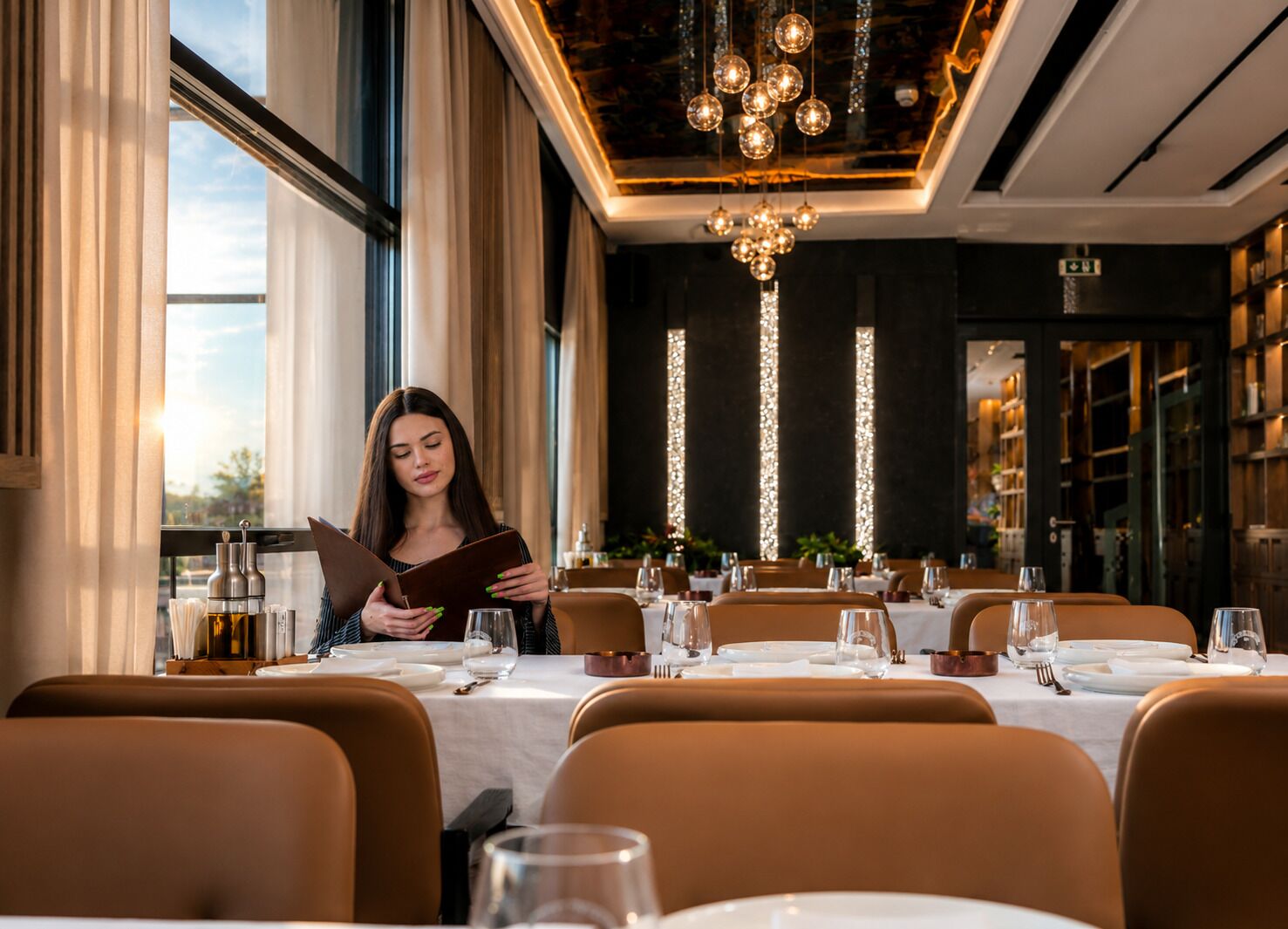 Een restaurant met gedekte tafels, een persoon die een menu leest, en een kroonluchter.