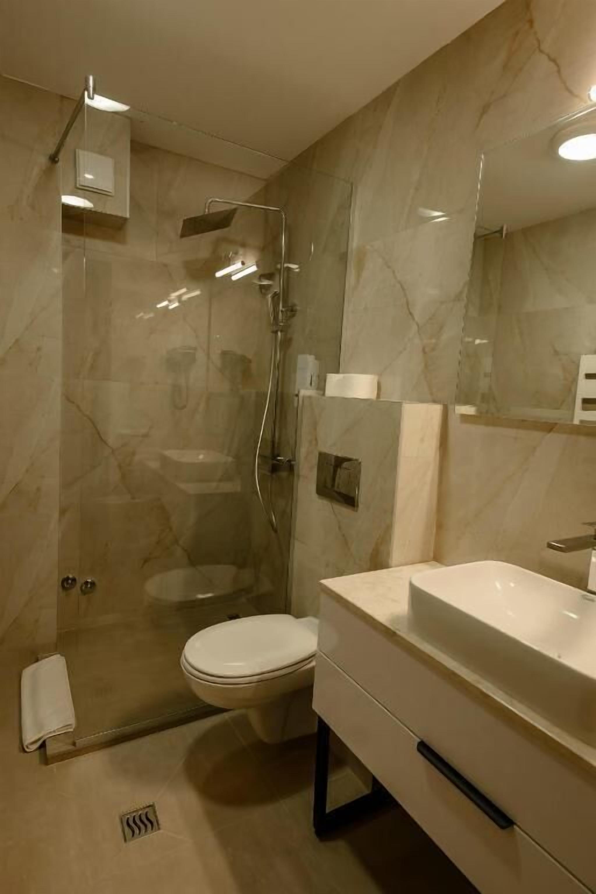 Et moderne badeværelse med en brusekabine i glas, toilet og et håndvaskarrangement.