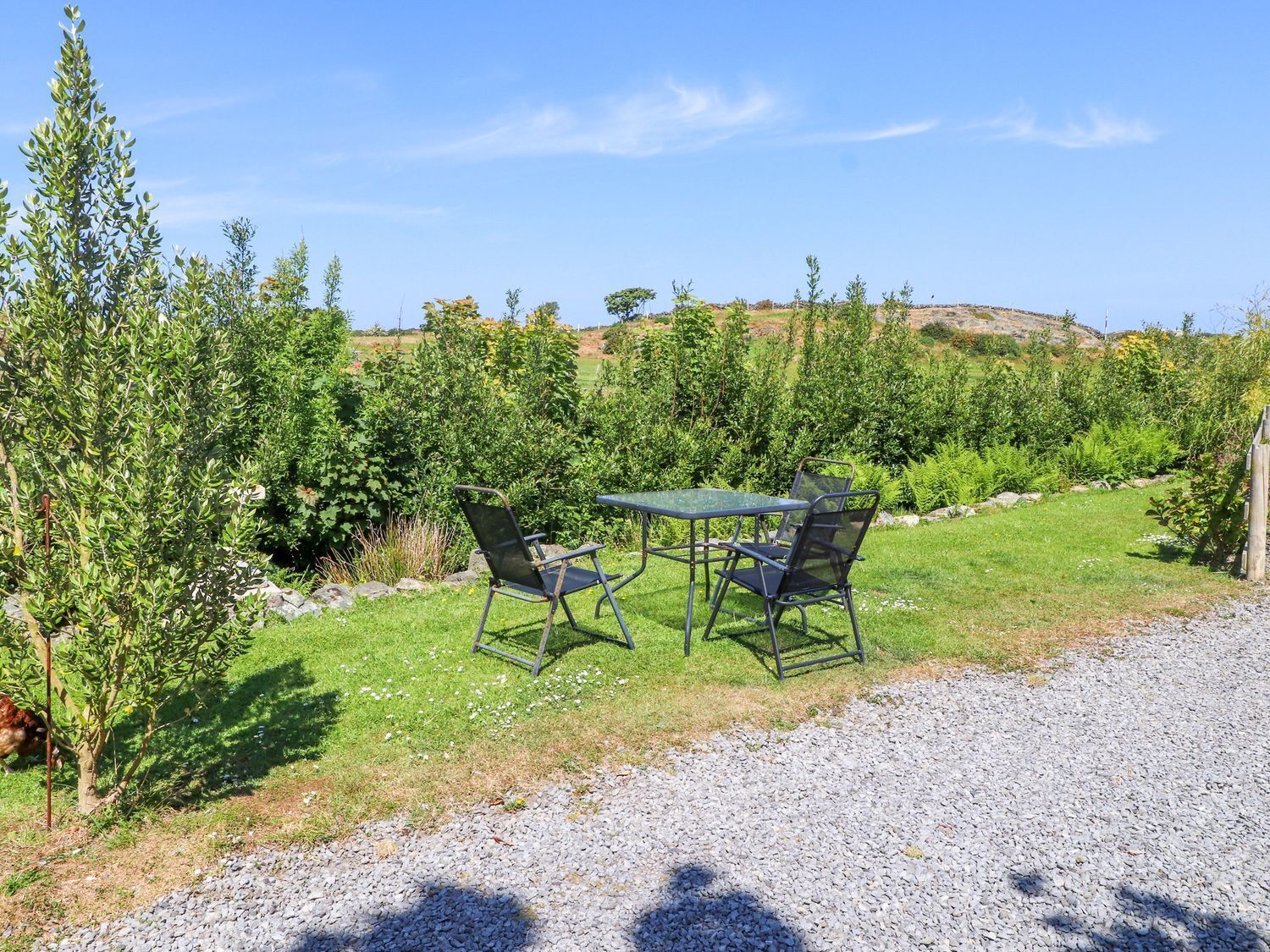 A gravel path leading to a table and chairs set in a grassy area with trees and a clear sky.