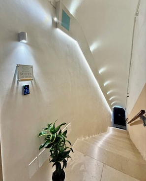 A hotel reception area with a sign for 'Suites 102 103-104,' a remote control, and a potted plant.