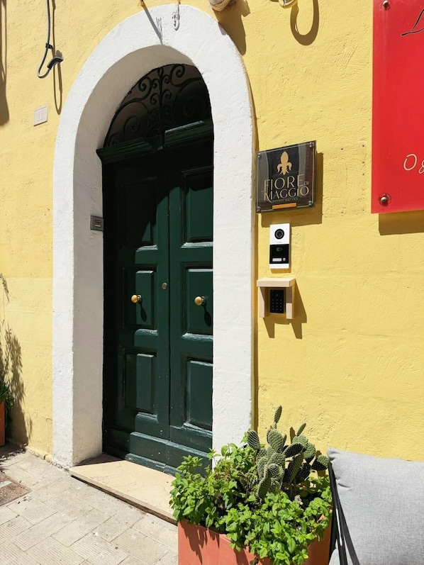 A building entrance with a green door, a sign above the door, and a potted plant in front.