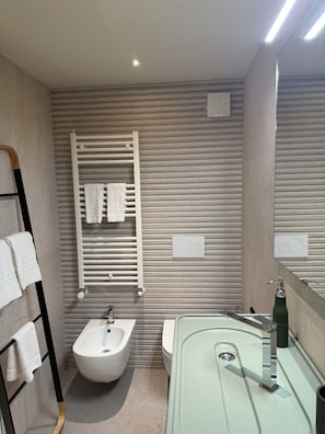 A modern bathroom with a bidet, a sink, a towel rack, and a mirror.