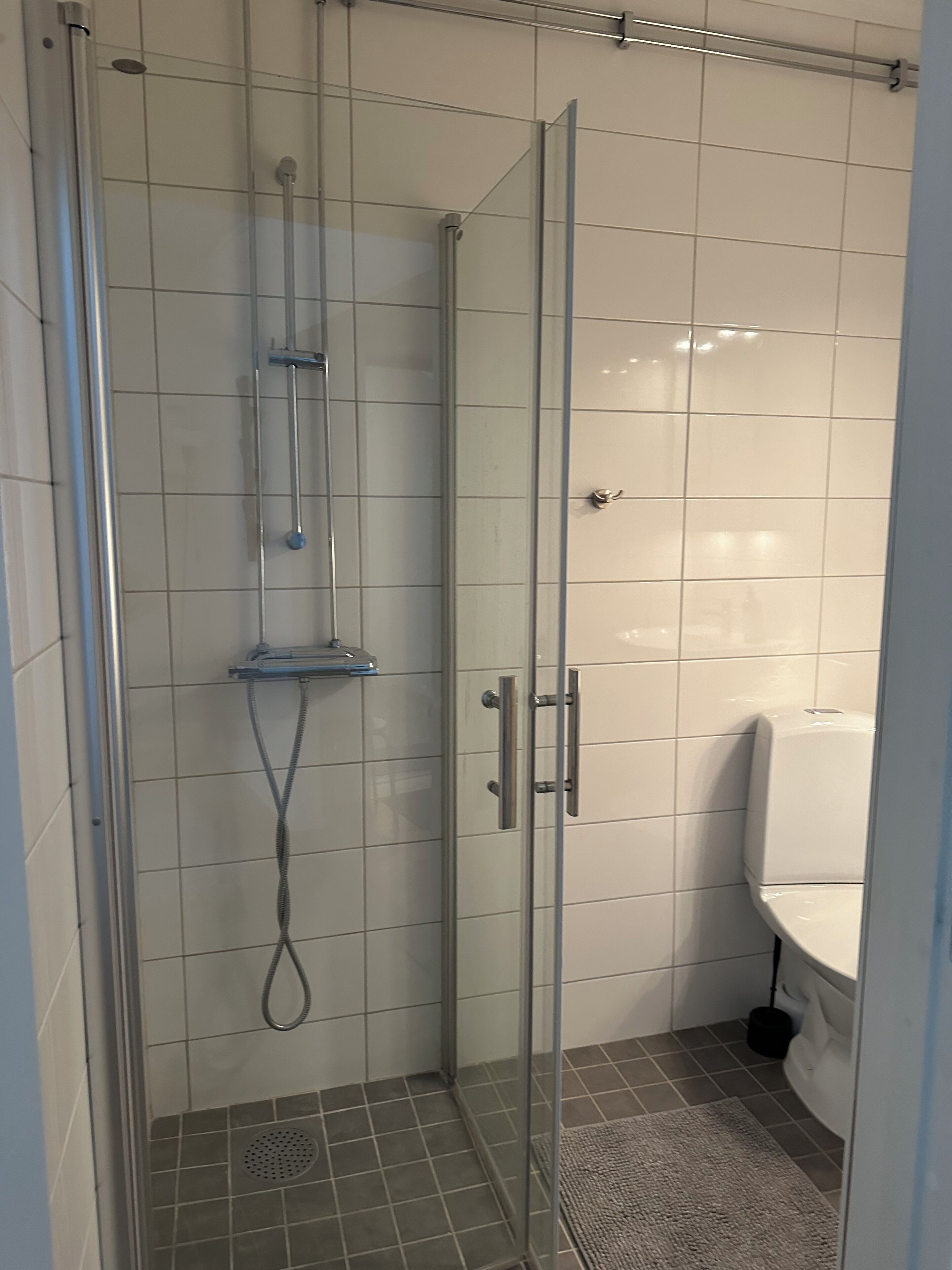 Une douche fermée par des parois en verre, dotée d’un pommeau de douche à main, d’un robinet mural et d’une petite étagère.