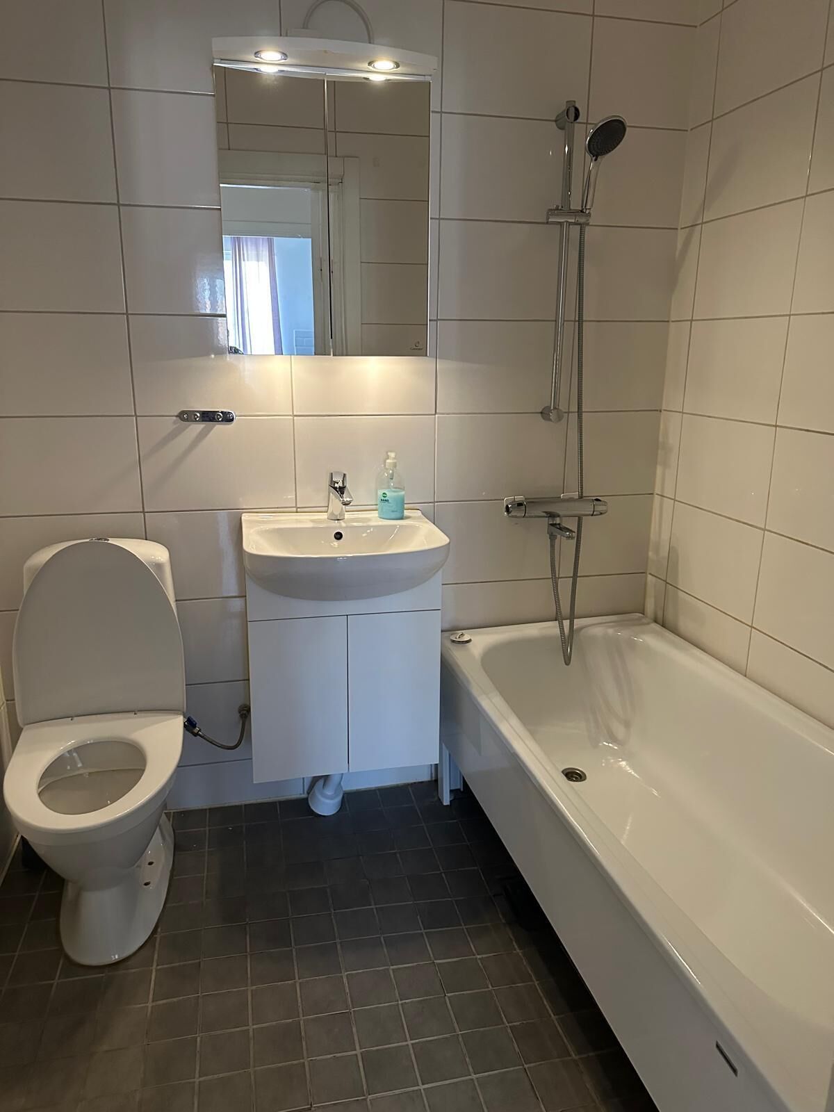 Une salle de bain comprenant des toilettes, un lavabo, un miroir et une baignoire.