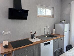 Et kompakt køkken med en sort induktionskogetop, en hane i rustfrit stål, en integreret opvaskemaskine og et lille vindue over vasken.