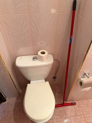 Ein kleines, separates Badezimmer mit Toilette, einer Toilettenrolle und einem roten Besen, der an der Wand lehnt.