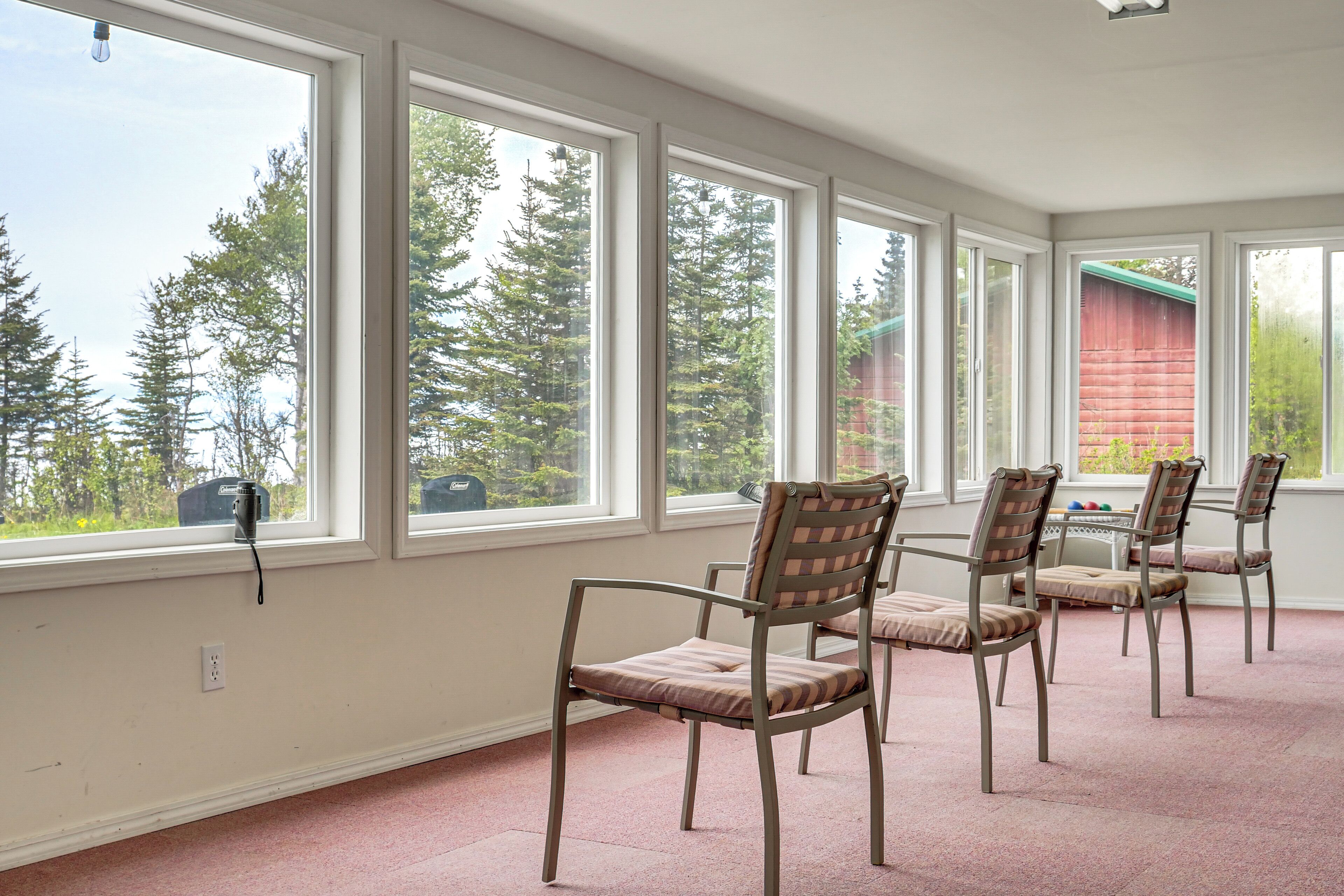 A room with large windows, a pink carpet, and four chairs with cushioned seats and backs.