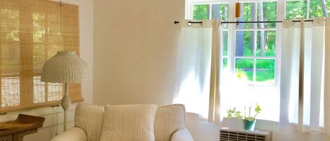 A room with a wooden floor, a sofa, a table, a lamp, a radiator, and a window with curtains.