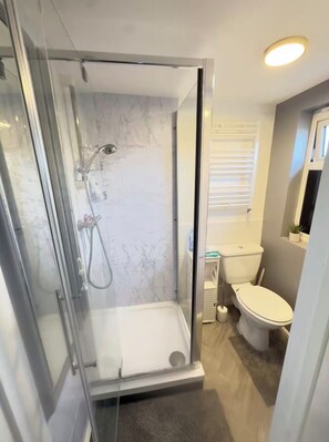 Ein modernes Badezimmer mit einer gläsernen Duschkabine, einer Toilette und einem Waschbecken.